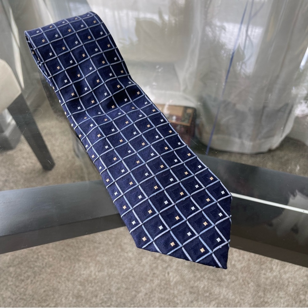 ERMENEGILDO ZEGNA Blue Geometric Design Silk Neck Tie 58” Made In Italy Pristine